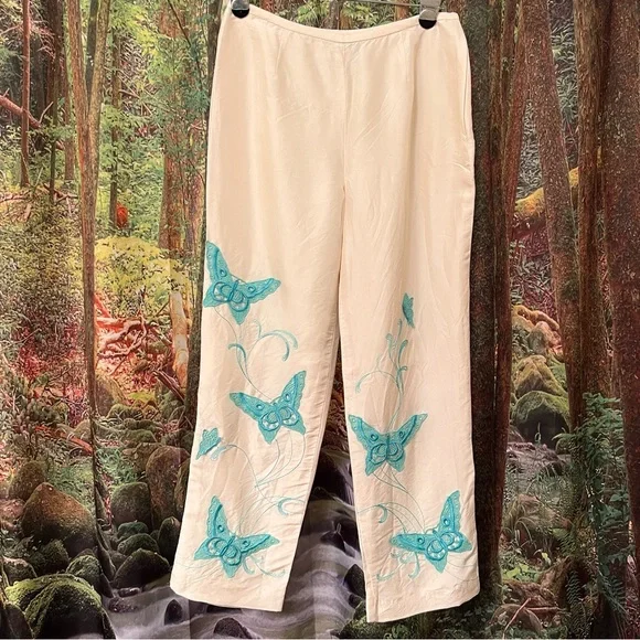 Vintage Silk Cream Teal Embroidered Butterfly Pants Yves Cossette Depeche Mode - Picture 3 of 12
